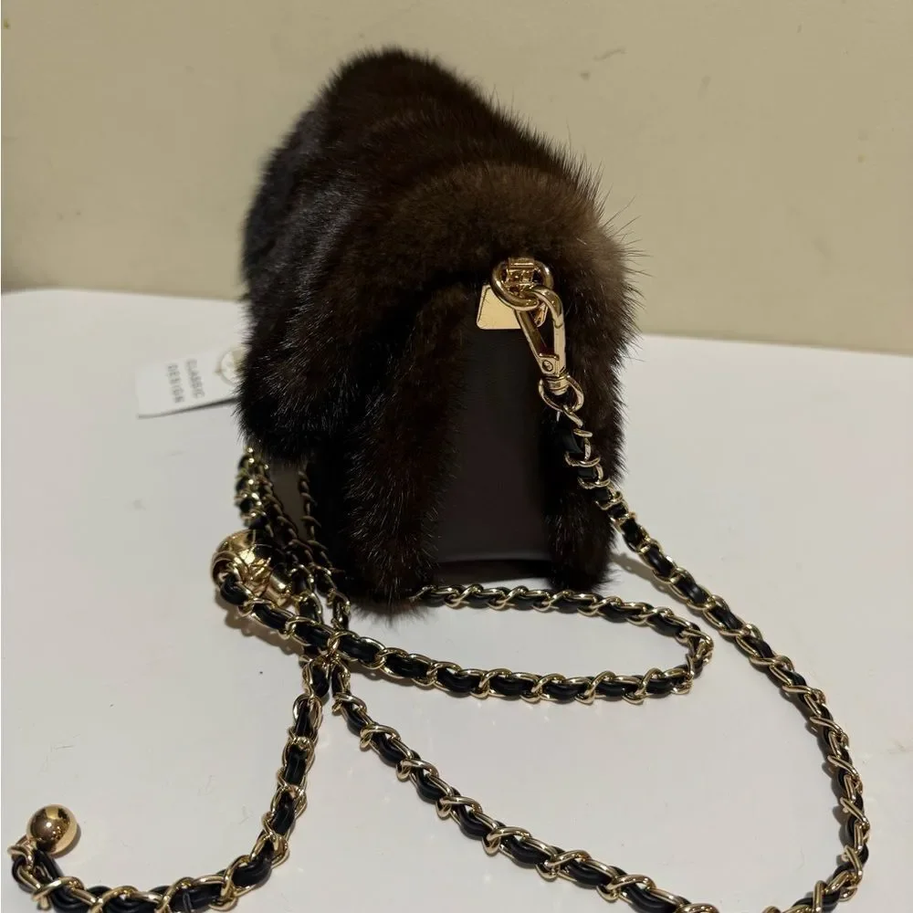 Elegant Black Fur Clutch with Chain Strap